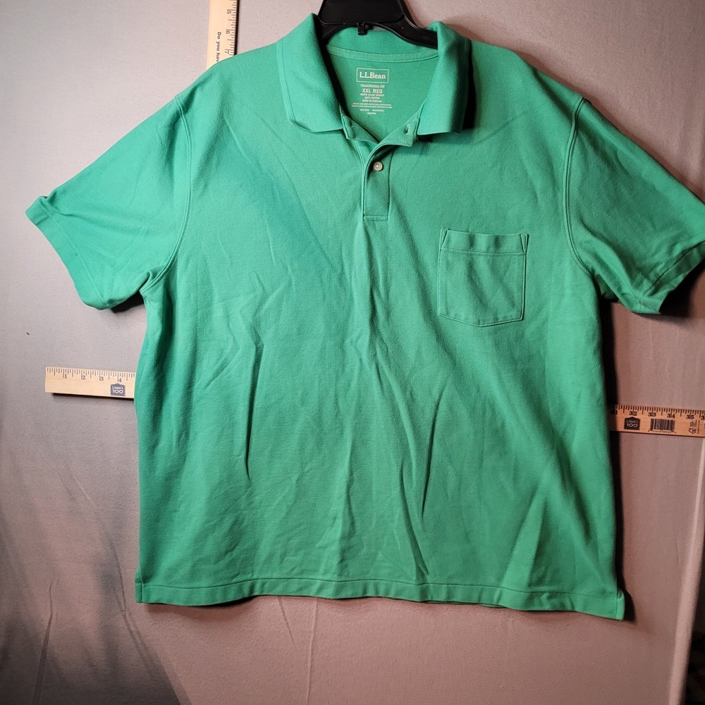 LL Bean Mens XXL‎ Green Cotton Pique Short Sleeve Pocket Polo Shirt 300457